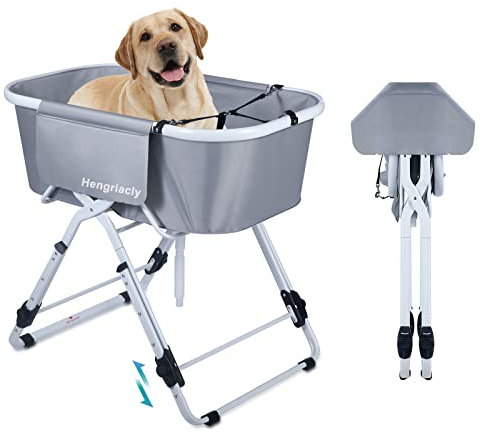 Hengriacly Plegable Bañera para Perros, Bañera para Mascota Altura Ajustable, Capacidad de 65kg, Portátil Bañera para Perros Pequeños y Medianos y Gatos - Gris