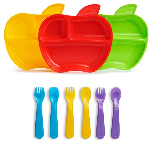 Munchkin Lil' Apple Divided Toddler Plates, Pack of 3 and Munchkin Colour Change Toddler Forks and Spoons, Pack of 6