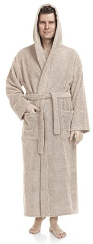 Arus Herren Bademantel mit Kapuze, wadenlang, XXL-3XL, Sand