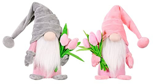 2PCS Wichtel Frühlingsdeko Wichtel Figuren,Frühling Wichtel mit Tulpen Blumensträuße, Figur mit Tulpen Blumensträuße Deko Wichtel Ostern Deko Kleine für Freundin Mama Hochzeitstag Ehefrau Muttertag