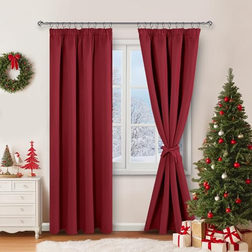 JIUZHEN Gardinen mit kräuselband Verdunklungsvorhänge Vorhang Blickdicht Gardinen Wohnzimmer Vorhänge Schlafzimmer Thermovorhang Rot, H245 x B140 cm,2er Set