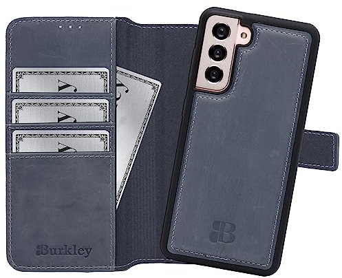 Burkley Leder Handyhülle für Samsung Galaxy S21 Leder Book Case Handytasche mit Magnetverschluss, 360° Schutz, Kick-Stand und Kartenfach (Stone Grey)