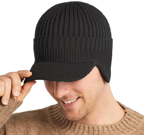 Rayson Wintermütze Herren Damen Strickmütze Winter Warm Mütze mit Ohrenklappen Unisex Beanie für Männer FraueGestrickte Visier Mütze Herbst Winter Outdoor(Schwarz)