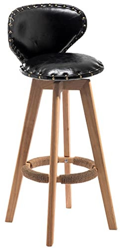 Massivholzhocker, Küche, Esszimmer, Hochstuhl, drehbar, PU-Rückenlehne, Barstuhl mit Vintage-Hanfseil-Fußstütze, Messing-Nageldekoration (Größe: 60 cm, Farbe: Schwarz) (Schwarz 60 cm) Made in China