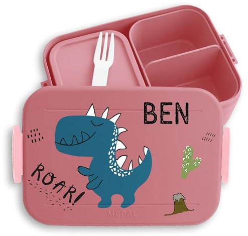 Bento Box Midi für Mepal Bentobox - Kinder Dino Brotbox Dinosaurier Lunchbox Dinosaurus Vesperdose Dinos I - 900 ml - Rosa - kinderbrotdosen kindergarten personalisierte brotdose kind t-rex roar