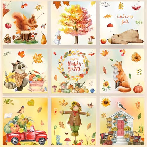 Aonveki Fensterbilder Herbst Selbstklebend, 9 Blätter Thanksgiving Herbstdeko Fenster Aufkleber Ohne Kleber, Ahornblätter Kürbis Kleintiere Fensterdeko Herbst für Kinderzimmer Haus Cafe