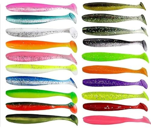 SSyang 20 Piezas Color Cebo de Pesca Artificial, Cebo Biónico de Silicona Suave, Cebo de Pesca de Gusano, Gusano Simulado, Cola en T, para Pesca de Trucha, pez Rojo, Agua Salada/Agua Dulce