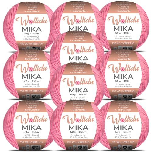 Wollidu Mika 51% Polyacryl 49% Baumwolle zum Häkeln und Stricken 10x 50g/165m Oeko-Tex Strickgarn Häkelgarn - Rosa
