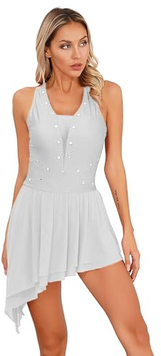 TiaoBug Eiskunstlauf Kleid Damen Eislaufen Rollschuh Kleid Ärmellos Ballettkleid Tanzkleid Gymnastik Sport Bekleidung gr.S M L XL XXL Weiß O S
