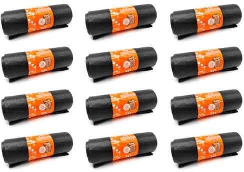 ACAN Tradineur - 12 rollos de 10 bolsas de basura, galga 200, plástico reciclado, resistentes y antigoteo, ecológicas, reciclables, aptas para cubos de basura (Negro - 85 x 105 cm - Total 120 uds)