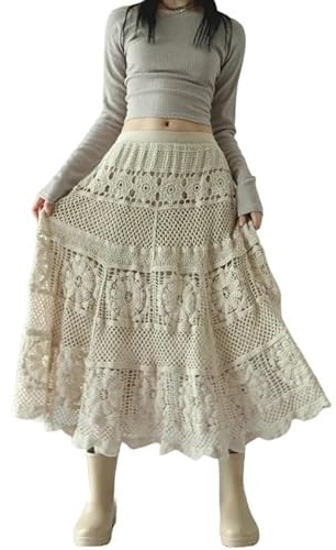 RWGSNB Women'S Boho Crochet Mesh Long Skirt Elastic Waist Midi Skirt Vintage Knitted Big Swing Umbrella Skirt Lined Casual Beach Length Skirts for Ladies Girls