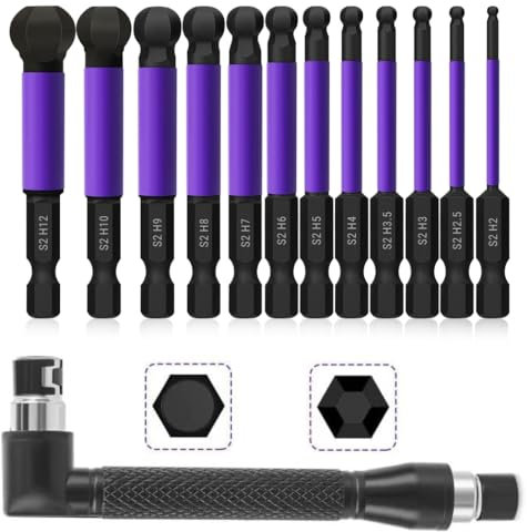 Uadme Ball End Screwdriver Bits Set, 12Pcs S2 Steel Magnetic Allen Key Bit 1/4 Inch Hex Shank, Socket Impact Wrench Bits Phosphating Treatment 65mm H2-H12