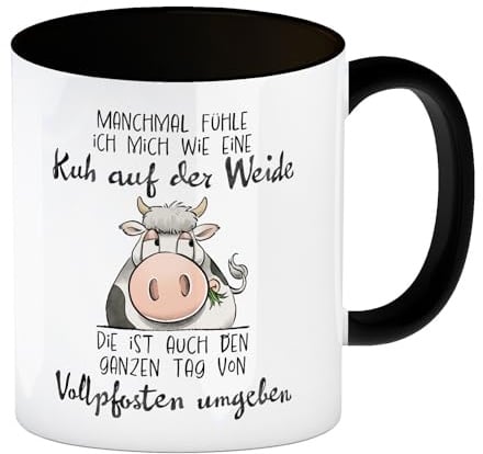 Kuh Kaffeebecher in schwarz mit Spruch Von Vollpfosten umgeben wie eine Kuh Ideal fürs Büro Arbeit Perfekte Tasse für genervte Kollegen Witziger Schreibtisch Hingucker