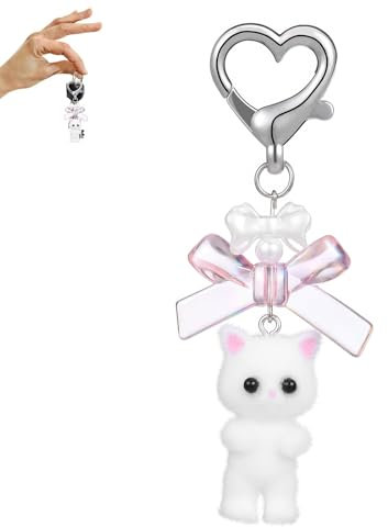 DHWEKU Niedlicher Katzen Schlüsselanhänger, flauschige Kitty Katzen Dekoration, Geschenke für Katzenliebhaber, Freundin,Herz Schleife Ornament, Frauen und Mädchen,Weiß
