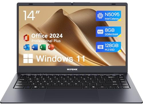 WIPEMIK Computer portatile, 8 GB RAM, SSD da 128 GB, processore quad-core N5095, laptop con display HD da 14 pollici, supporto WiFi 5, Bluetooth 5.0, USB 3.0, webcam