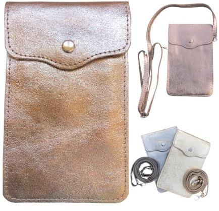 Petit Sac en Cuir Brillant fait en Italie | Petit Sac à Bandoulière Femme | Petite Sacoche Téléphone Portable | Pochette Téléphone Portable | Sac Vintage | Petite Bandoulière (25x10cm)… (Bronze)