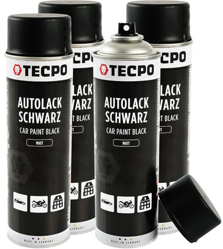 TECPO Lot de 4 bombes de peinture de voiture en spray - 500 ml - Noir mat - Pour carrosserie et jantes - Séchage rapide