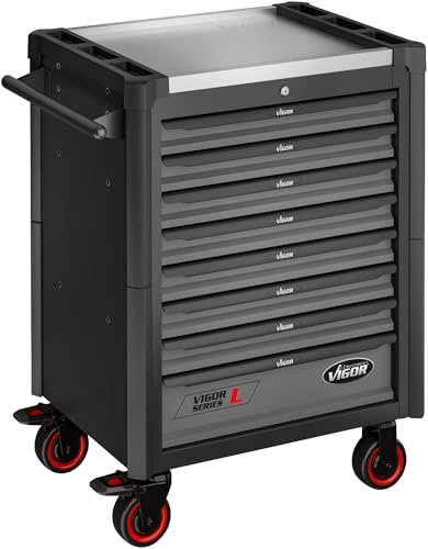 VIGOR Werkstattwagen Series L, leer,V1901-X, 8 Schubladen, Edelstahl-Arbeitsfläche, pulverbeschichtet, 500 kg Tragkraft, mit Fahrgriff, Zentralverriegelung, 723 x 459 x 1002 mm