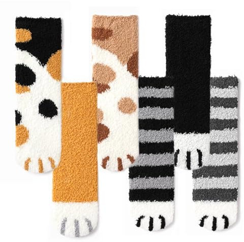 6 Paare Flauschige Katzensocken, Dicke Wintersocken Haussocken, Warme Bettsocken Haussocken, Saugfähig Cat Paw Socken, Atmungsaktiv Kuschelsocken Damen, Katzenpfoten Socken Kinder für Frauen Mädchen
