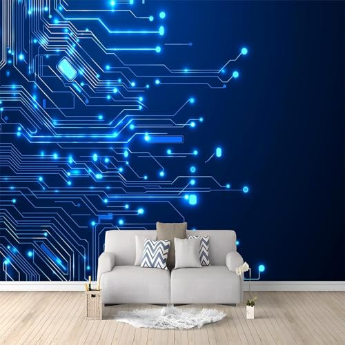 Photo Wallpaper Blue Circuit Board 200x140 cm Non-Woven Wall Mural, 3D Wallpaper Roll Mural, Moderne Living Room Bedroom Art Poster Mural Wallpaper