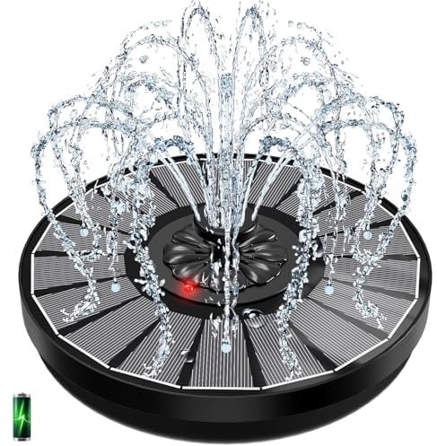 Fuente Solar con Indicador, Yzert 2025 Nuevo 3.5W Bomba de Agua Solar Vidrio, 2000mAh Batería, 7 Boquillas & 4 Fijadores Fuente para Estanque para Jardín, Estanque, Exterior, Baño de Pájaros