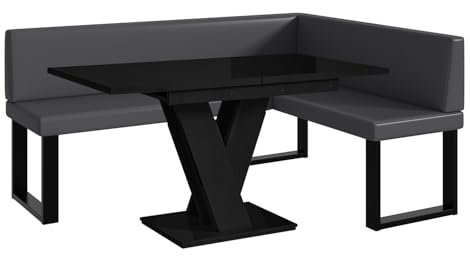 MEBLINI Eckbank für Esszimmer mit ausziehbarem Tisch - Küchenbank - Essecke - Sitzecke Küche - Toni - U-Beine 128x168x87cm Rechts - Grau Kunstleder/M Schwarz Hochgl.