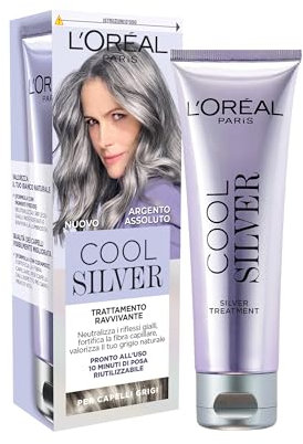 L'Oréal Paris Trattamento Ravvivante per Capelli Grigi, Azione Anti-Giallo e Fortificante, Capelli Grigi Lucenti e Riflessi Argentati, Capelli 2X Più Forti, Cool Silver, Tonalità: Argento Assoluto