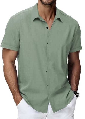 HMIYA Herren Hemd 100% Baumwolle Hemd Sommer Freizeithemd Businesshemd Regular Fit Kurzarmhemd,Grün,2XL