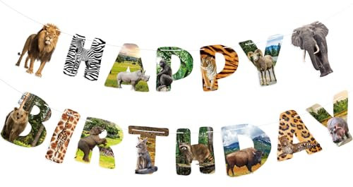 Hooqict Safari-Tiere Happy Birthday Banner Tier Geburtstag Party Dekorationen Party Tier Banner Girlande Geburtstag Dekorationen für Kinder Wilder Dschungel Zoo Geburtstag Party Supplies
