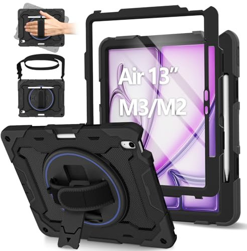 ROSROME for iPad Air 13 Inch Case 2025(M3)/2024(M2) with HD Screen Protector, Heavy Duty Full Body Shockproof Kids Cover with 360°Rotating Stand/Hand Strap/Shoulder Strap/Pencil Holder, Black