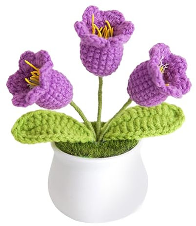 Knitting Crochet Lily of the Valley Flowers Potted Plants Artifical Handmade Fake Flowers for Friends Family Lover Funny Gifts for Women Home Office Decoration Motivational Gifts (Purple)