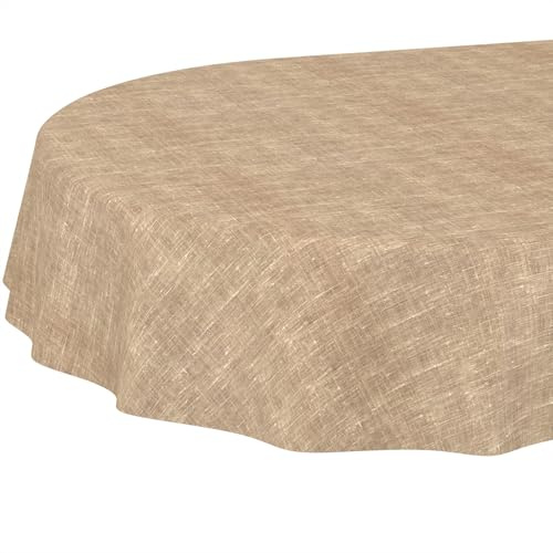 ANRO Tischdecke abwaschbar Leinenoptik Sand oval 240x140 cm In-/Outdoor | ideal für Garten, Terrasse & Esszimmer – Gartentischdecke wetterfest – Tischwäsche aus beschichtetem Stoff