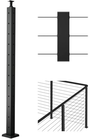 VEVOR Poste de Barandilla de Cable, 1 PCS Poste de Barandilla 106,7 x 5 x 5 cm con Orificios Pretaladrados en Forma de L, Poste de Acero Inoxidable SUS304 con Soporte Horizontal y Curvo, Negro