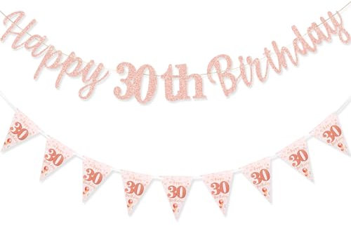 TOPWAYS Deko 30 Geburtstag Banner Frauen, Happy 30 Birthday Banner Geburtstagsdeko 30. Geburtstag Girlande Wimpelkette für 30Geburtstag Frauen Deko Roségold (Geburtstag30)