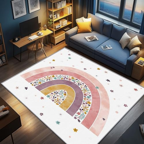AevuCub Regenbogen Deko, Kinder Teppich 160x200 Kurzflor, Teppich Wohnzimmer Süße, Weich rutschfest Waschbare Teppiche, Bettvorleger Schlafzimmer Kinderzimmer