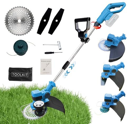 Akku Rasentrimmer für Makita-Akkus, 3 in 1 Elektrischer Rasentrimmer, Büirstenlose Rasentrimmer Mit verstelbarenStützrädern, 3 Klingentypenmit für Gärten Rasenflächen Kantenschneiden(ohne Akku) Blue