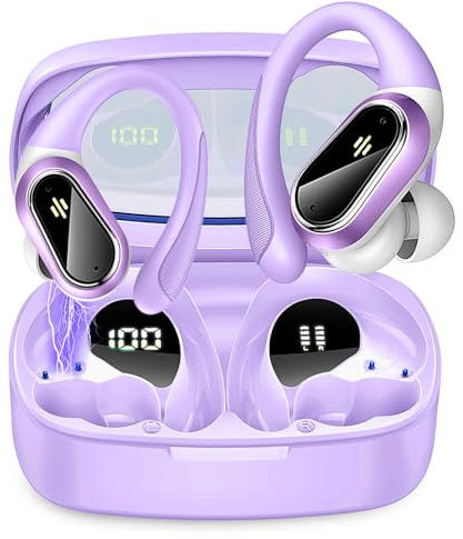 Bluetooth Kopfhörer Sport, Kopfhörer Kabellos Bluetooth 5.3, 50 Std Kabellose Kopfhörer mit Tiefer Bass, In Ear Kopfhörer mit 4 ENC Klarer Mic, IPX7 wasserdichte Ohrhörer mit Ohrhaken, Violett