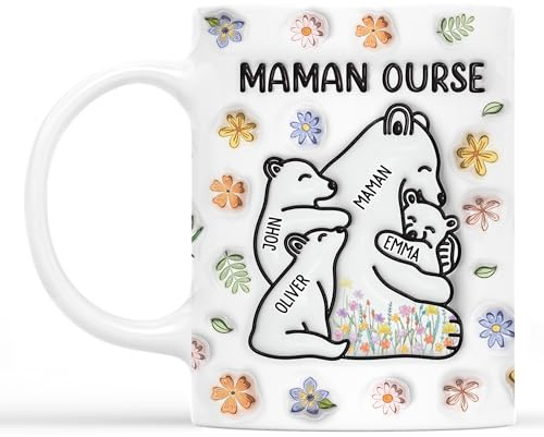 Cadeau Plus Mug Personnalisé Prénom - Maman Ours - Version Florale - Cadeau grand mere, cadeau mere, mug mamie, mug maman personnalisé (Modèle #2)