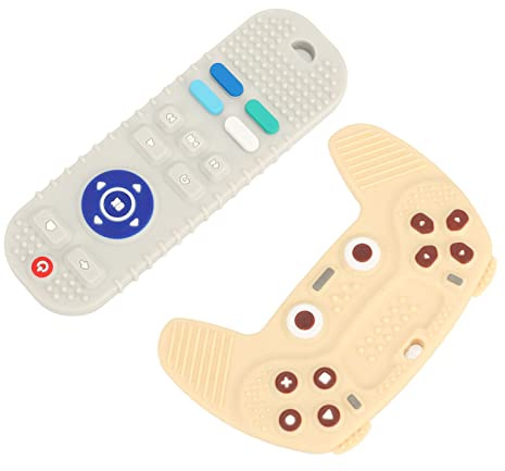 Fdit 2 Pack Silicone Baby Teething Toys, TV Remote Control Shape Educational Chew Sensory Teethers with Bumpy Texture, Food Grade Gum Massager for Infants 6+ Months (Beige)