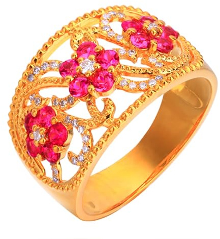 Wycian Frauen Ring mit Gravur Goldring Damen 18K Im Labor Hergestellter Rubin Ausgehöhlte Blume mit 0,75 Karat Rotem Rubin und Diamant Größe 50 (15.9) Aktualisierung 3.0 für Lesben Danksagung Schmuck