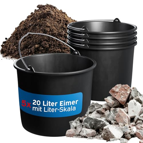 kör4u Lot de 5 seaux à mortier ronds en polyéthylène basse densité - Noir - 20 l - Avec arceau en métal solide - Pour la construction, le jardin, la maison et l'artisanat