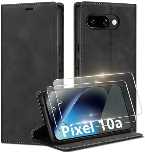 Guisessy für Google Pixel 10a Hülle mit 2 Schutzfolie, Schwarz | Premium Leder Handyhülle, Magnet, Kartenfach, Standfunktion, Klappbar Flip Wallet Schutzhülle