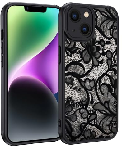 XTCASE für iPhone 14 Hülle, Aesthetic Spitze Vintage Muster Frauen Mädchen Case Matt Handyhülle Kratzfeste PC Rückseite + TPU Bumper - Schwarz