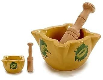 Mortero rustico de Cerámica Amarillo 13cm con Mano de Madera 16cm, Diseño Tradicional con Decoración Verde