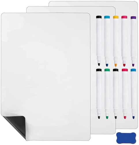 Hisredsun 3 Pack A4 Dry Erase Magnetic Whiteboard for Fridge | With 10Markers, With Erasers,Stick to a Metal, Easy to Clean, Grocery List, Meal Planner,backing magnetic