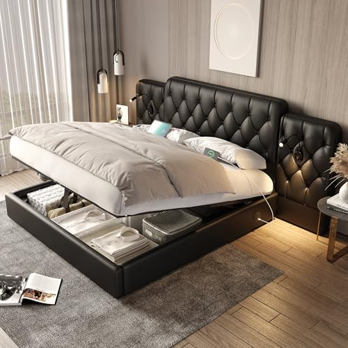 vutizal Polsterbett 180x200 cm mit langem Kopfteil, Hydraulik-Stauraum und USB – Doppelbett/Bettgestell aus luxuriösem Samt in Schwarz, stabil & geräuschfrei, Ohne Matratze