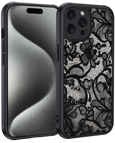 XTCASE Cover per iPhone 15 Pro, Custodia Aesthetic Motivo Vintage Pizzo Opaca Posteriore Ultra Sottile Leggera Silicone TPU Morbido Antiurto Retro PC Rigido Antigraffio Case, Nero