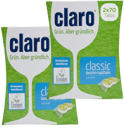 CLARO Classic Öko Geschirrspül-Tabs - 140 Spülmaschinen-Tabs - phosphatfrei, umweltfreundlich & vegan - wasserlösliche Folie (2 Pkg. á 70 Tabs)