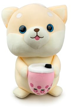 Generisch Plüsch-Hund 30 cm mit Bubble Tea – Süßes Kuscheltier Hund, Weiches Stofftier mit Becher, Geschenk für Erwachsene, Deko für Sofa & Schlafzimmer (Grau)