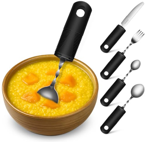 Cubiertos Adaptados de 4 Piezas Mango Flexible Negro para Apoyo Diario | Acero Inoxidable, Goma y Plástico Antideslizante, Mango Texturizado